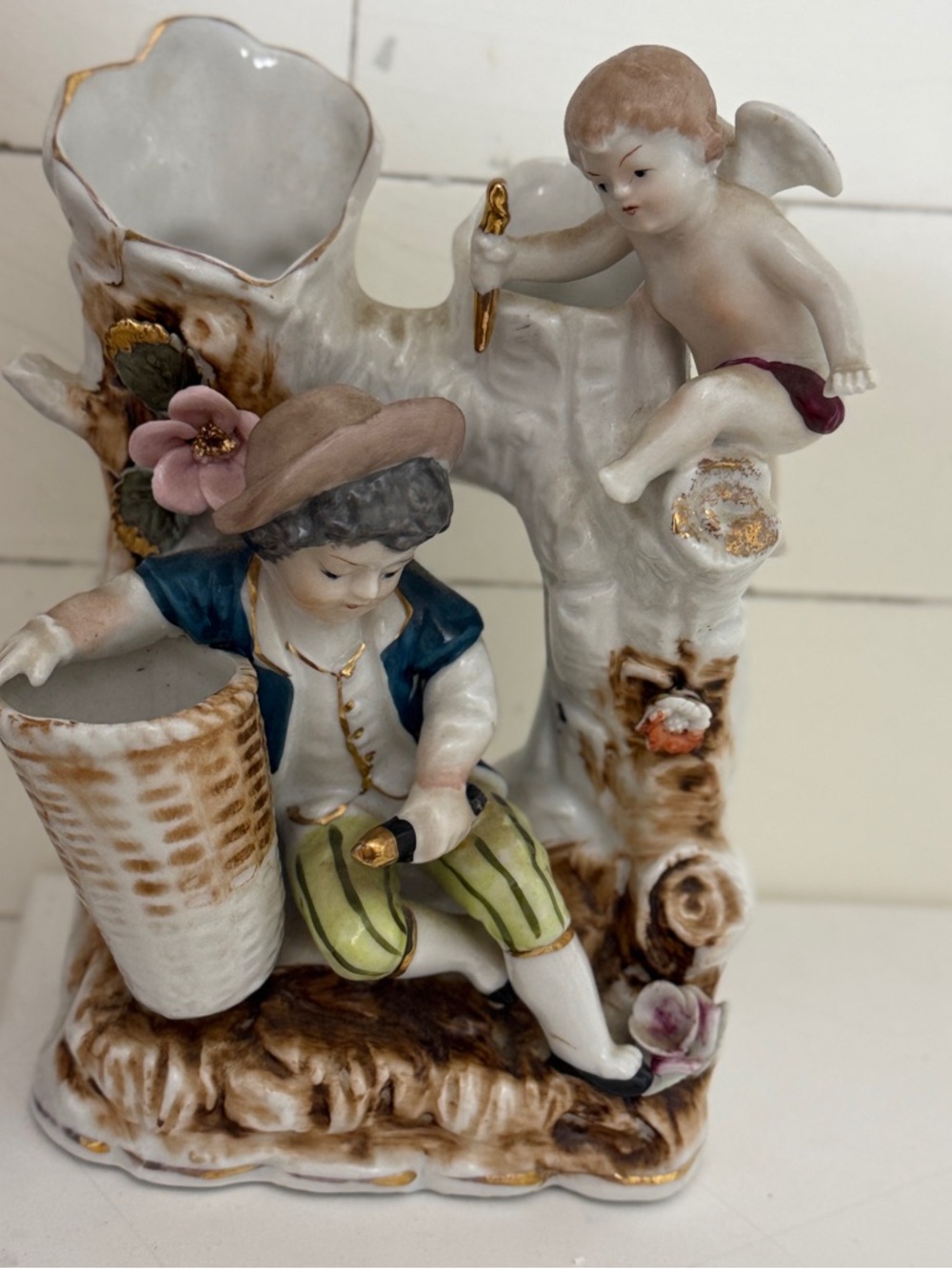Porcelain Figural Cherub & Boy Planter - Hand-Painted Floral Accents